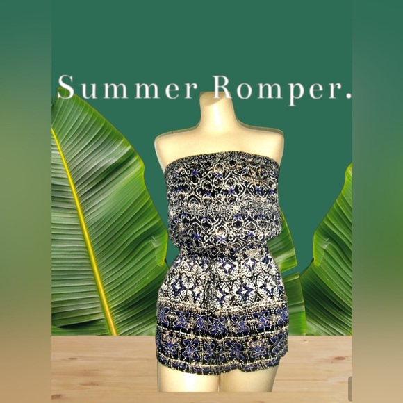 ANGIE Elephant Printed Strapless Romper Medium lightweight summer jumpsuit - Picture 2 of 16